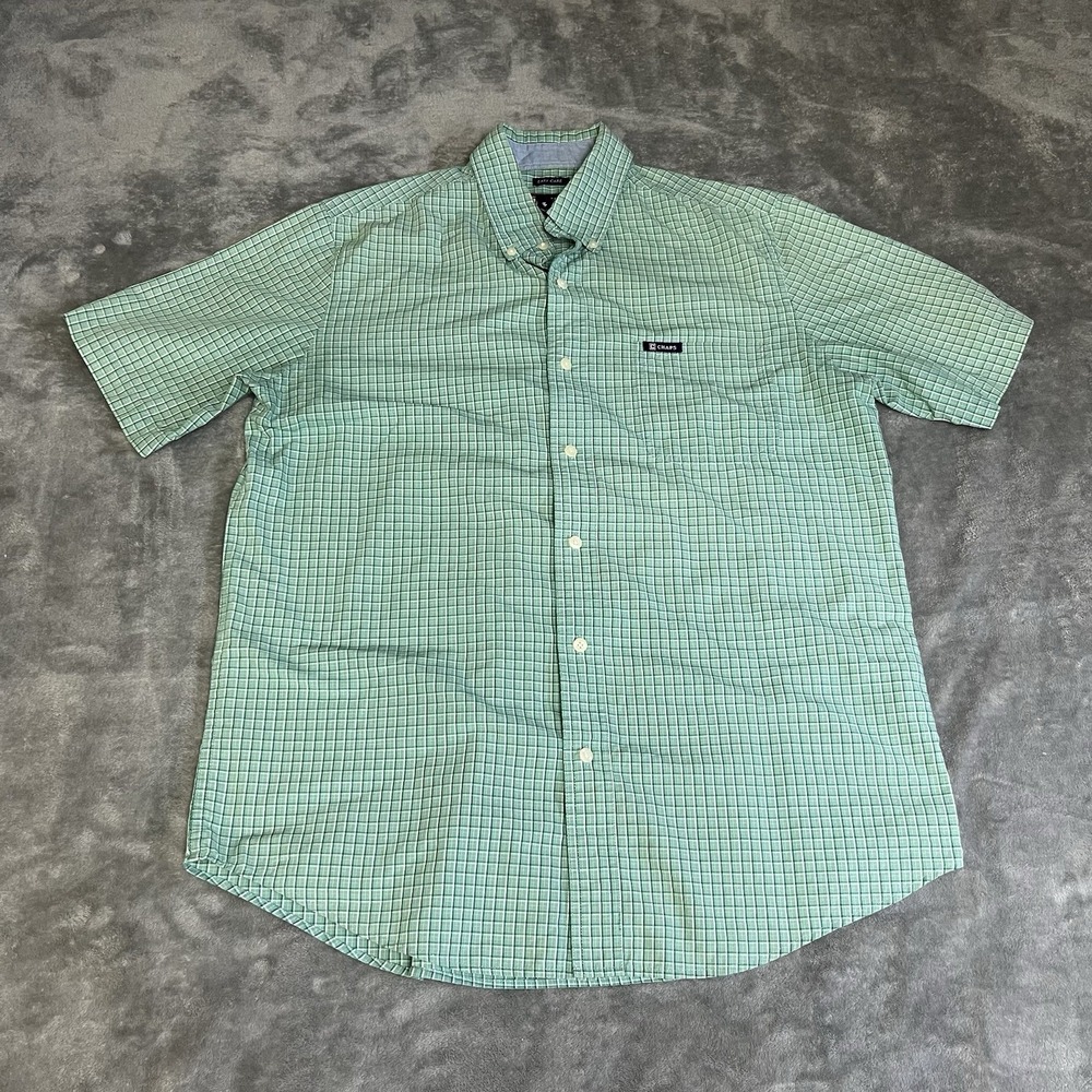 Chaps Button Down Shirt Mens Size M Green Plaid Short Sleeve Easy Care Cotton